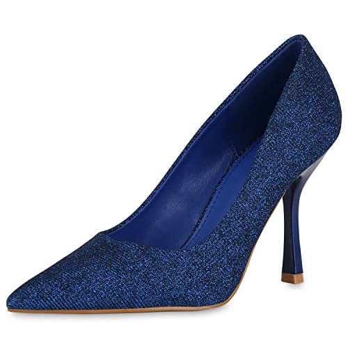 VAN HILL Damen Spitze Pumps Stiletto Glitzer Schuhe Party Absatzschuhe Elegante Abendschuhe Partyschuhe 208364 Blau 36 von VAN HILL