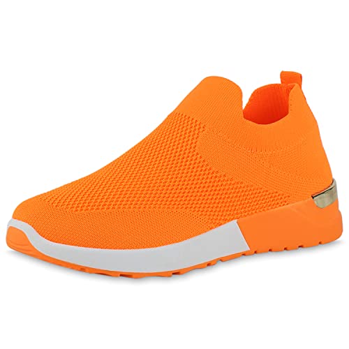 VAN HILL Damen Sportschuhe Slip Ons Schuhe Flache Strick Turnschuhe Sportliche Profilsohle Freizeitschuhe 212391 Neon Orange 40 von VAN HILL