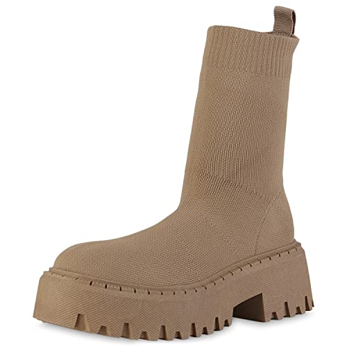 VAN HILL Damen Stiefeletten Plateau Boots Blockabsatz Schuhe Stiefel Strick Plateauschuhe Stoff Booties Profilsohle Schlupfschuhe 208720 Khaki 38 von VAN HILL