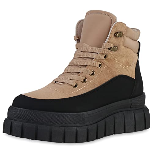 VAN HILL Damen Stiefeletten Plateau Boots Keilabsatz Schuhe Freizeit Schnürer Profilsohle Plateauschuhe Schnürschuhe 208623 Schwarz Khaki 41 von VAN HILL