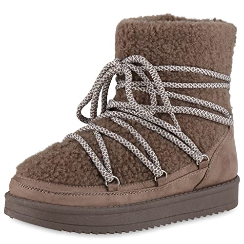 VAN HILL Damen Warm Gefütterte Winter Boots Stiefeletten Bequeme Kunstfell Schuhe Flache Booties Freizeit Schnürer Winterschuhe 209097 Schlamm 36 von VAN HILL