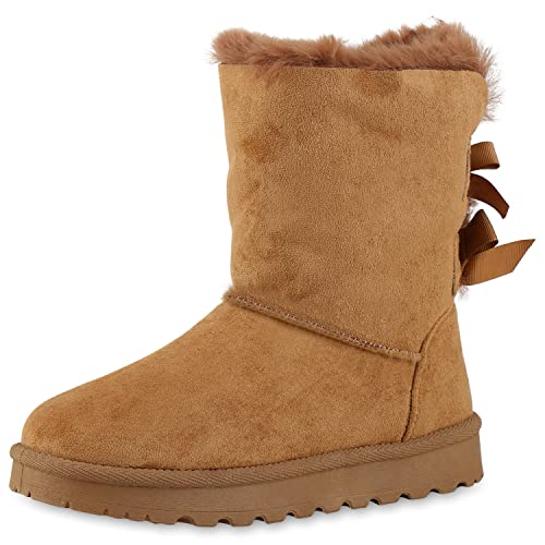 VAN HILL Damen Warm Gefütterte Winter Boots Stiefeletten Bequeme Kunstfell Schuhe Flache Schleifen Stiefel Profilsohle Booties 209779 Hellbraun 38 von VAN HILL