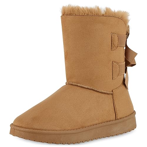 VAN HILL Damen Warm Gefütterte Winter Boots Stiefeletten Bequeme Kunstfell Schuhe Flache Schleifen Stiefel Profilsohle Booties 611506 Hellbraun 39 von VAN HILL