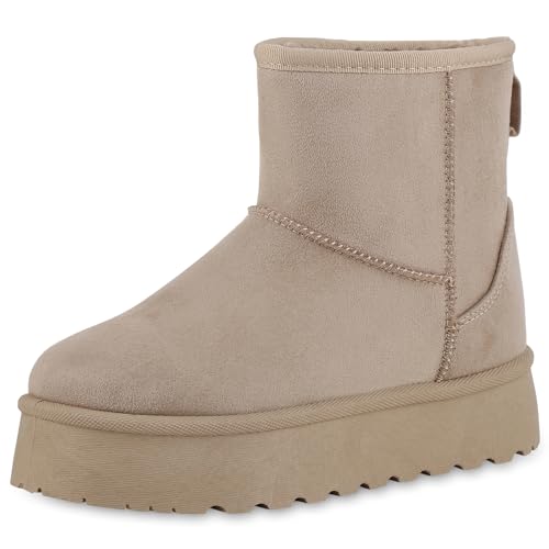 VAN HILL Damen Winter Boots Plateau Profilsohle Bequem Schuhe 213900 Khaki High 36 von VAN HILL