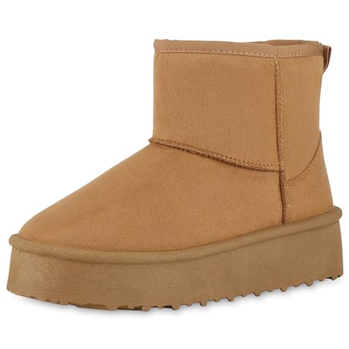 VAN HILL Damen Winter Boots Plateau Profilsohle Bequem Schuhe 214092 Hellbraun Bequem 37 von VAN HILL