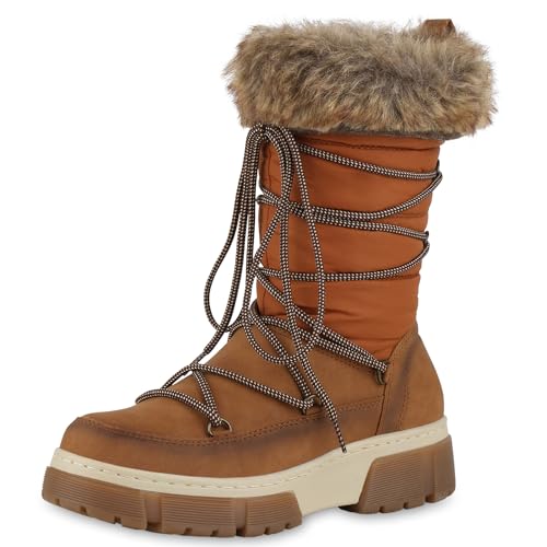 VAN HILL Damen Winterstiefel Blockabsatz Kunstfell Bequem Schuhe 213993 Hellbraun 38 von VAN HILL