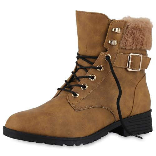 VAN HILL Damen Worker Boots Blockabsatz Kunstfell Bequem Schuhe 213715 Hellbraun 37 von VAN HILL