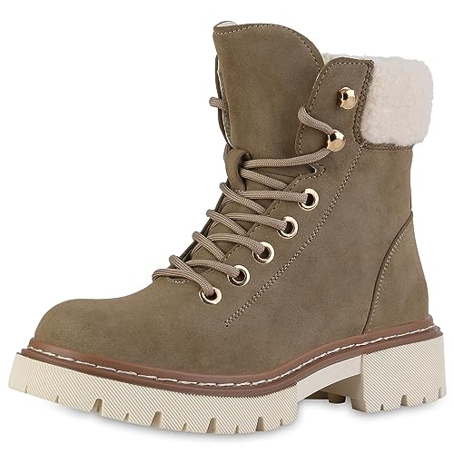 VAN HILL Damen Worker Boots Blockabsatz Kunstfell Trendy Schuhe 840604 213339 Khaki 38 von VAN HILL