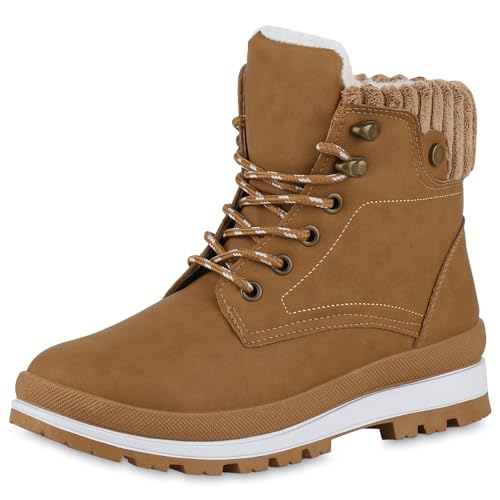 VAN HILL Damen Worker Boots Blockabsatz Profilsohle Bequem Schuhe 214080 Hellbraun 39 von VAN HILL