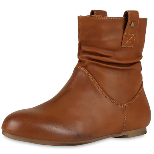 VAN HILL Gefütterte Damen Schlupfstiefel Nieten Stiefeletten Leder-Optik 610458 Hellbraun 36 von VAN HILL