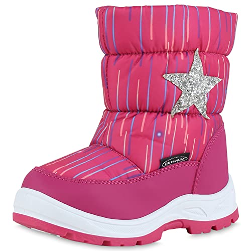 VAN HILL Kinder Warm Gefütterte Winter Boots Bequeme Glitzer Gesteppte Schuhe Flache Profilsohle Winterschuhe 210924 Fuchsia Silber Muster 26 von VAN HILL