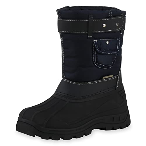 VAN HILL Kinder Warm Gefütterte Winter Boots Nieten Stiefel Bequeme Klettverschluss Winterschuhe Profilsohle Schuhe 610474 Schwarz Dunkelblau Black 35 von VAN HILL