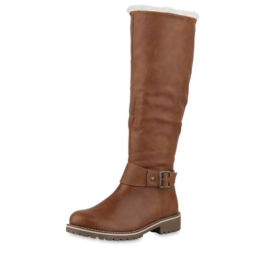 VAN HILL Warm Gefütterte Damen Stiefel Biker Boots Winter Bikerstiefel 610573 Hellbraun 41 von VAN HILL