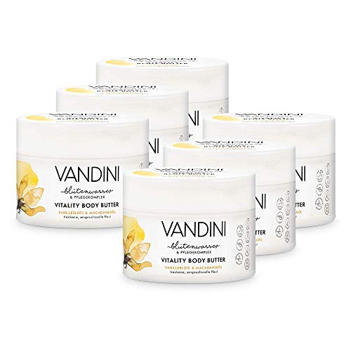 VANDINI Vitality Body Butter Damen mit Vanilleblüte & Macadamiaöl - Body Butter als Körpercreme & Gesichtscreme für trockene, anspruchsvolle Haut - vegane Body Butter für Frauen (6x 200 ml) von VANDINI