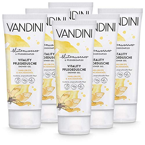 VANDINI Vitality Pflege Duschgel Damen mit Vanilleblüte & Macadamiaöl - Duschgel für trockene bis anspruchsvolle Haut - veganes Duschgel für Frauen ohne Silikone & Parabene (6x 200 ml) von VANDINI