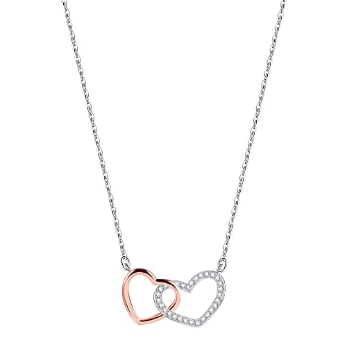 VANSZA Damen Liebe Halskette Doppelherz Anhänger 925er Sterling Silber Schmuck mit Zirkonia 40 + 5 cm Kettenlänge verstellbar Ketten Muttertagsgeschenk für Frauen (Silber und Roségold) von VANSZA