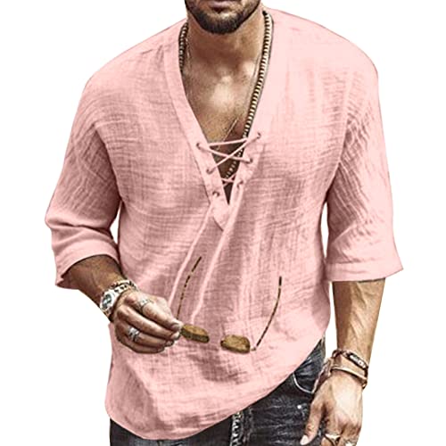 Hemd Herren Kurzarm Hawaii Hemd Leinenhemd Herren Sommerhemd Freizeithemd Henley Rosa Hemd Herren Shirt 3XL von VANVENE