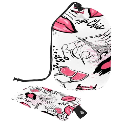 Bonjour Kulturbeutel mit Kordelzug, Paris mit Lippen, Weinglas, fassförmig, Kulturbeutel, Kosmetiktasche, Reise-Make-up-Organizer-Tasche + kleine Tasche, multi, Bonjour Kulturbeutel mit Kordelzug, Paris mit Lippen, Weinglas, fassförmig, Kulturbeutel, Kosmetiktasche, Reise-Make-up-Organizer-Tasche + kleine Tasche, multi, von VAPOKF