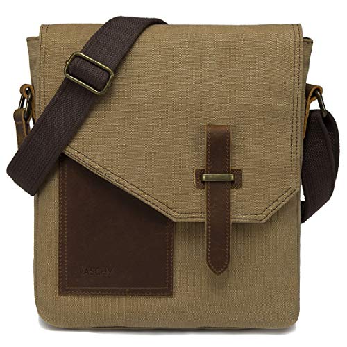 VASCHY Klein Umhängetasche Herren, Vintage Leinwand Herrentasche Echtes Leder Schultertasche Klassische Kuriertasche Crossbody für Arbeit, Schule, Alltag Khaki von VASCHY