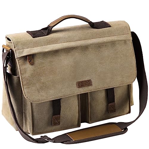 VASCHY Umhängetaschen Herren, Vintage Wasserabweisend Gewachste Leinwand 15,6 Zoll Laptop Aktentasche Dame Schultertasche Laptop-Taschen mit Gepolstertem Schultergurt von VASCHY