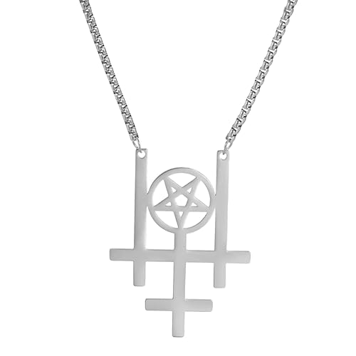 VASSAGO Halskette mit dreifachem umgekehrtem Kreuz-Pentagramm-Anhänger, Edelstahl, umgekehrtes Kreuz, Satan, Wicca, Talisman, Schmuck, Geschenk für Männer und Frauen (Silber) VASSAGO Halskette mit dreifachem umgekehrtem Kreuz-Pentagramm-Anhänger, Edelstahl, umgekehrtes Kreuz, Satan, Wicca, Talisman, Schmuck, Geschenk für Männer und Frauen (Silber) von VASSAGO