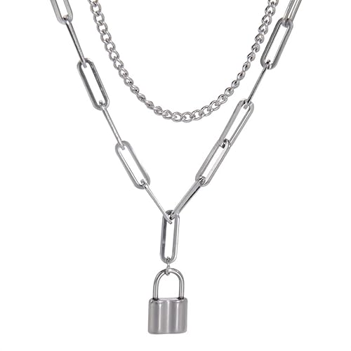 VASSAGO Schloss Anhänger Halskette Edelstahl Kubanische Kette Doppelschicht Glieder Büroklammer Halskette Punk Multilayer Vorhängeschloss VASSAGO Schloss Anhänger Halskette Edelstahl Kubanische Kette Doppelschicht Glieder Büroklammer Halskette Punk Multilayer Vorhängeschloss von VASSAGO