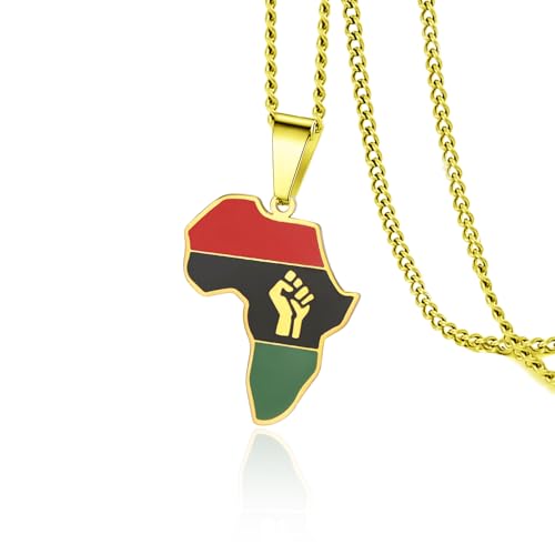 VASSAGO Afrikanische Halskette mit Faust Power in Pan für Damen, Edelstahl, farbige Afrika-Karte, Anhänger, Halskette, Afrika-Karte, Kontinent, Hiphop-Schmuck, Geschenk für Männer, Edelstahl VASSAGO Afrikanische Halskette mit Faust Power in Pan für Damen, Edelstahl, farbige Afrika-Karte, Anhänger, Halskette, Afrika-Karte, Kontinent, Hiphop-Schmuck, Geschenk für Männer, Edelstahl von VASSAGO
