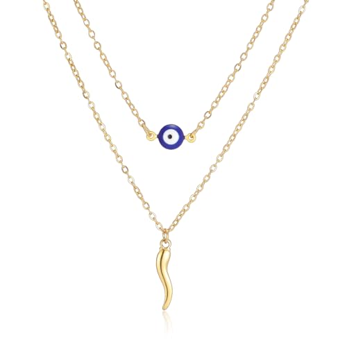 VASSAGO Evil Eye Halskette mit italienischem Horn-Anhänger, mehrlagige Halsketten für Damen, türkisches blaues Auge, Glücksschutz, Schmuck, Geschenk für Damen und Herren, Einstellbar, Edelstahl, Kein VASSAGO Evil Eye Halskette mit italienischem Horn-Anhänger, mehrlagige Halsketten für Damen, türkisches blaues Auge, Glücksschutz, Schmuck, Geschenk für Damen und Herren, Einstellbar, Edelstahl, Kein von VASSAGO