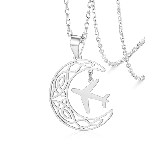 VASSAGO Flugzeug-Halskette für Damen und Herren, keltischer Mond, Edelstahl, Flugzeug-Anhänger, Halskette, Flugzeug und Halbmond, Schmuck, Geschenk, Adjustable, Edelstahl, Kein Edelstein VASSAGO Flugzeug-Halskette für Damen und Herren, keltischer Mond, Edelstahl, Flugzeug-Anhänger, Halskette, Flugzeug und Halbmond, Schmuck, Geschenk, Adjustable, Edelstahl, Kein Edelstein von VASSAGO