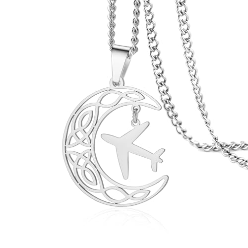 VASSAGO Flugzeug-Halskette für Damen und Herren, keltischer Mond, Edelstahl, Flugzeug-Anhänger, Halskette, Flugzeug und Halbmond, Schmuck, Geschenk, Adjustable, Edelstahl, Kein Edelstein VASSAGO Flugzeug-Halskette für Damen und Herren, keltischer Mond, Edelstahl, Flugzeug-Anhänger, Halskette, Flugzeug und Halbmond, Schmuck, Geschenk, Adjustable, Edelstahl, Kein Edelstein von VASSAGO