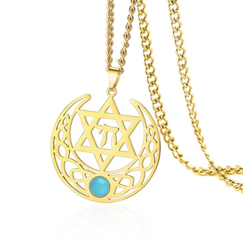 VASSAGO Jüdische Chai-Halskette für Damen und Herren Edelstahl Halbmond-Satr von Davidanhänger mit türkisem keltischem Knoten religiöser Amulett VASSAGO Jüdische Chai-Halskette für Damen und Herren Edelstahl Halbmond-Satr von Davidanhänger mit türkisem keltischem Knoten religiöser Amulett von VASSAGO