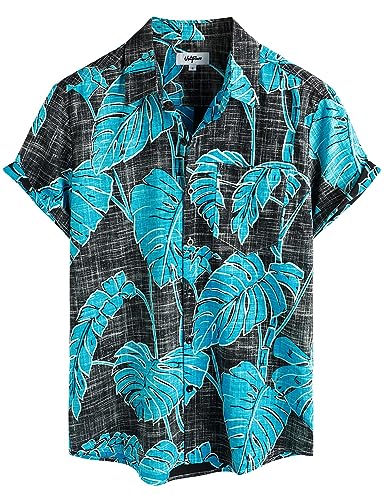 VATPAVE Herren Front Pocket HawaiiHemden Freizeithemden Blumen Kurzarm Knopfleiste Tropische Strandhemden X-Large Blau Schwarz von VATPAVE