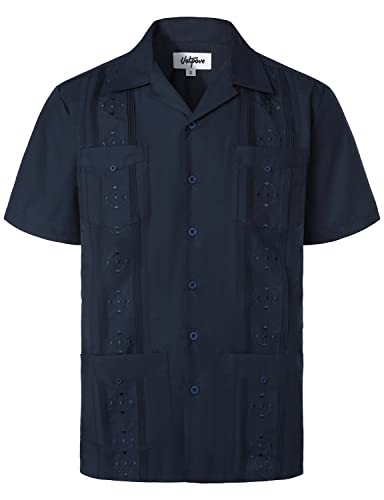 VATPAVE Herren Bestickte Kubanische Guayabera Hemden Freizeit Knopfleiste Kurzarm Strandhemden Club XX-Large Marineblau von VATPAVE