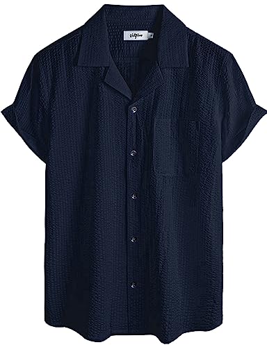 VATPAVE Herren Gestreifte Sommerhemd Casual Button Down Kurzarm Strand HawaiiHemd 3X-Large Reines Marine von VATPAVE