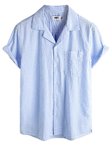 VATPAVE Herren Gestreifte Sommerhemd Casual Button Down Kurzarm Strand HawaiiHemd X-Large Hellblau Vertikal Gestreift von VATPAVE