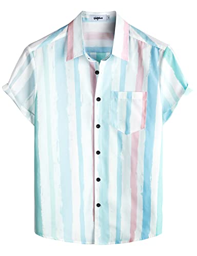 VATPAVE Herren Gestreifte Sommerhemden Casual Kurzarm Knopfleiste Strand Stilvolle Freizeithemden Mittel Blau Rosa Vertikal Gestreift von VATPAVE