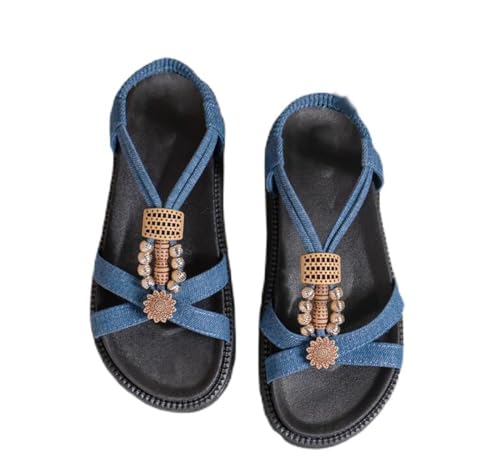 Sandalen Sommer Runde Zehe Flacher Mund Gestrickte Sandalen Frauen Strand Schuhe Tragen Hausschuhe draußen, 36-42(blau,39) von VAVENI