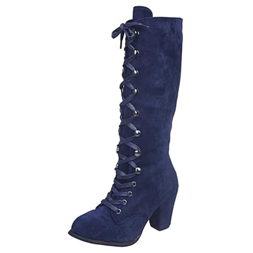 VAVENI Mode Riemen Ritter Stiefel, Damen hohe Stiefel, runde Zehen dicke High Heel Stiefel, 35-43(blau,35) von VAVENI