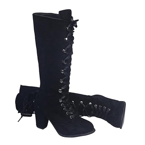 VAVENI Mode Riemen Ritter Stiefel, Damen hohe Stiefel, runde Zehen dicke High Heel Stiefel, 35-43(schwarz,35) von VAVENI