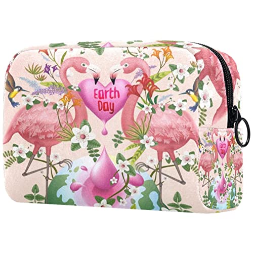 Kleine Make up Tasche für Geldbörse, Reise Kosmetiktasche, Make up Tasche, tragbar, vielseitig, Reißverschlusstasche für Frauen,Moderner tropischer Hawaii Blumen Flamingo Tag der Erde von VBFOFBV