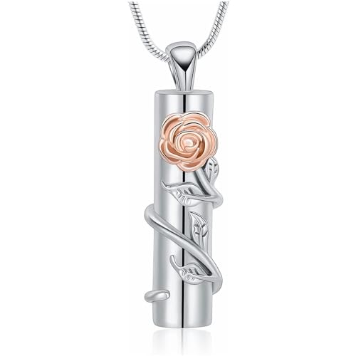 VCCWYQK Kremation Schmuck Rose Blume Urne Halskette mit hohlen Zylinder Kremation Keepsake Urne Anhänger Memorial Lockets für Asche für Frauen Männer (A) von VCCWYQK