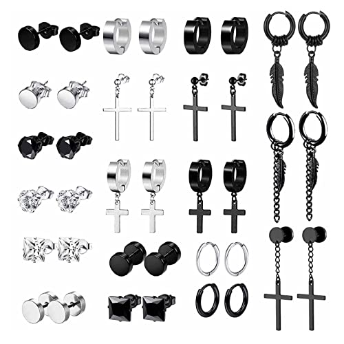 19Paar Edelstahl Punk Creolen Ohrringe für Herren Damen Kleine Kpop Huggie Ohrringe Gothic Hoop Schwarze Ohrringe Runde Zirkonia Kreuz Creolen Huggie Ohrring Ohrstecker Silber Schwarz von VELESAY