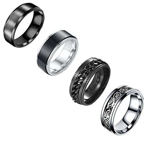 4 Stücke Edelstahl Ringe für Herren Damen Vintage Breit Schwarz Ringe Drachen Keltische Ring Verlobung Freundschaftsring Ringe mit Kette Ringe Herren Edelstahl Ringe Männer Drehbarer Edelstahl Ringe von VELESAY