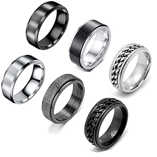 VELESAY 6 Stücke Edelstahl Ringe für Herren Damen Vintage Breit Schwarz Ringe Verlobung Freundschaftsring Ringe mit Kette Ringe Herren Schwarz Ring Männer Herren Ringe Edelstahl Silber Ringe von VELESAY