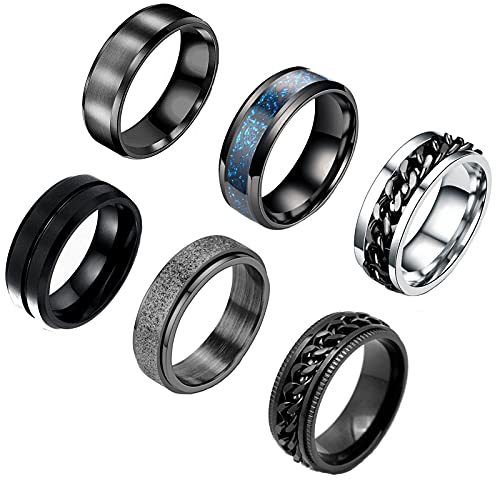 6 Stücke Freundschaftsringe Edelstahl Ringe für Herren Damen Vintage Breit Schwarz Ringe Verlobung Freundschaftsring Ringe mit Kette Ringe Herren Schwarz Ringe Drehbarer Drachen Keltische Ring von VELESAY