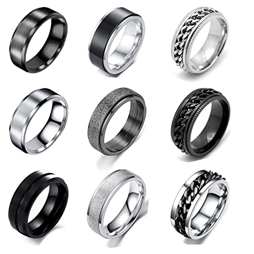 9 Stücke Edelstahl Ringe für Herren Damen Vintage Breit Schwarz Ringe mit Kette Ringe Herren Schwarz Ring Männer Herren Ringe Set Edelstahl Silber Drehbarer Ringe Spinner Ring Herren Edelstahl von VELESAY