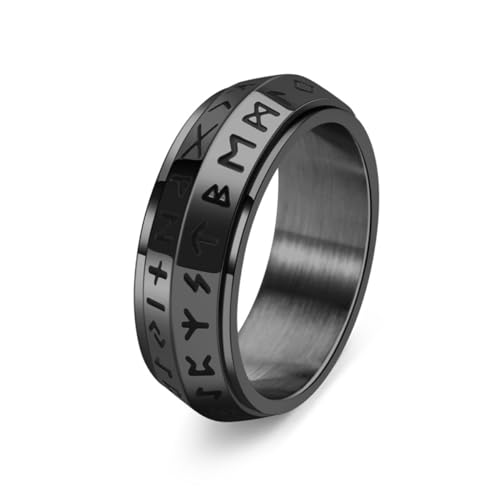 VELESAY Edelstahl Viking Herren Damen Ring Wikinger Nordische Mythologie Ring Herren Viking Rune Spinnerring Punk Biker Gothic Hip Pop Ring Wikinger Viking Schmuck 8MM Schwarz US13 von VELESAY