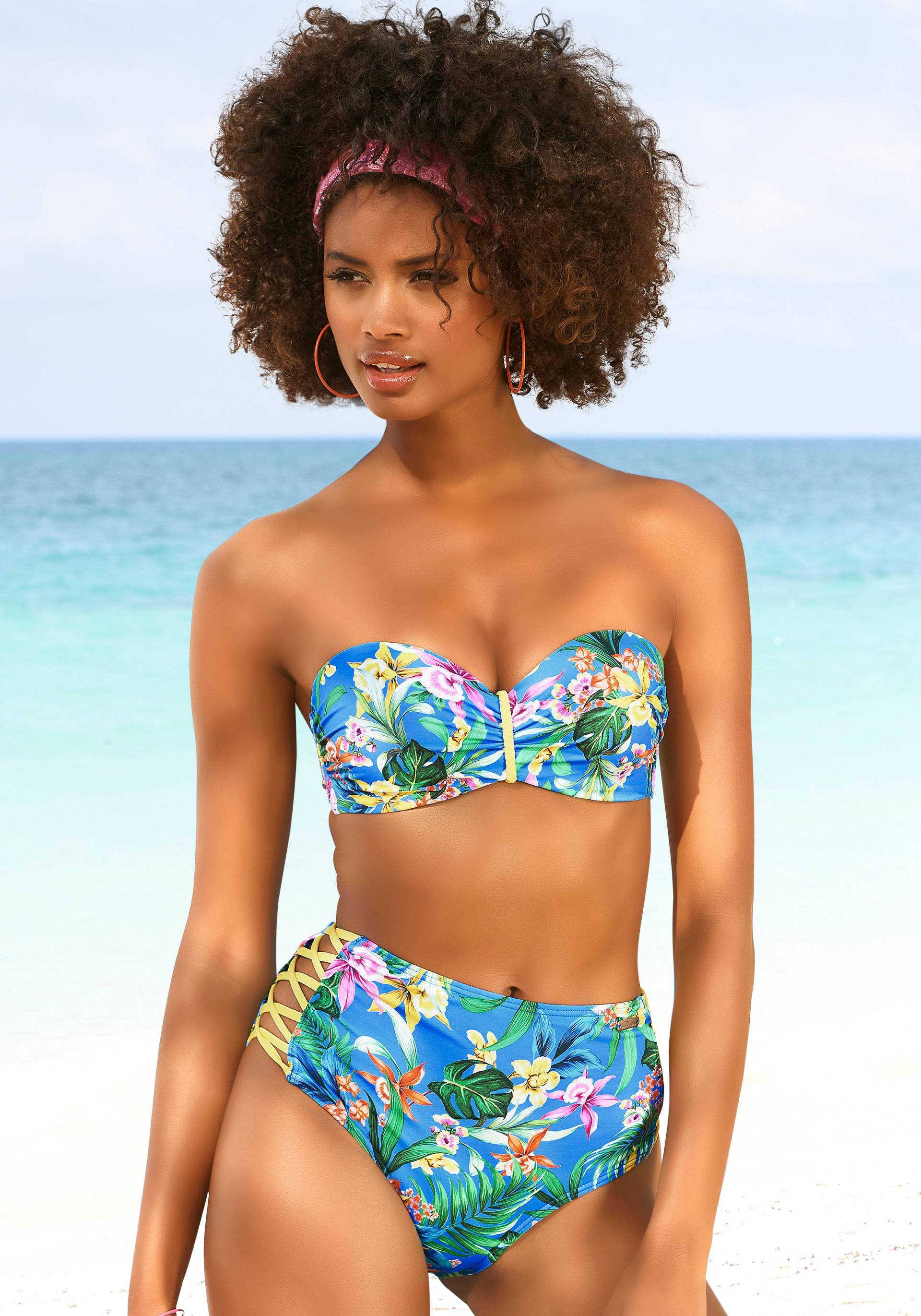 Venice Beach Bügel-Bandeau-Bikini-Top "Hanni", mit tropischem Print und gelben Details von VENICE BEACH