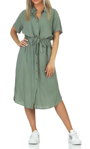 VERO MODA Damen Kurzarm Midi Kleid VMBumpy Hemd Blusenkleid mit Gürtel 10279684 Hedge Green XL von VERO MODA