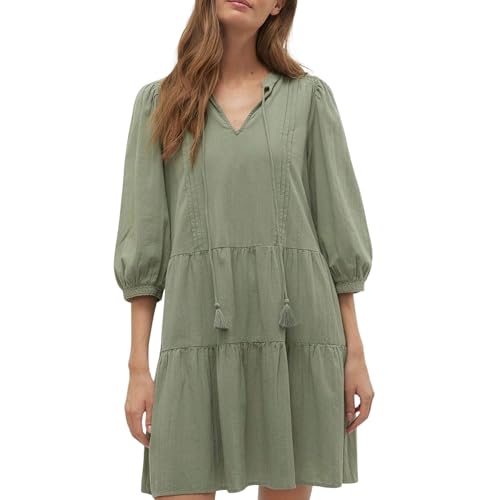 VERO MODA Damen Kurzes Crepe Kleid mit Kordel Midi Dress 3/4 Ärmel Sommerkleid Tunika, Farben:Grün-3, Größe:XL von VERO MODA